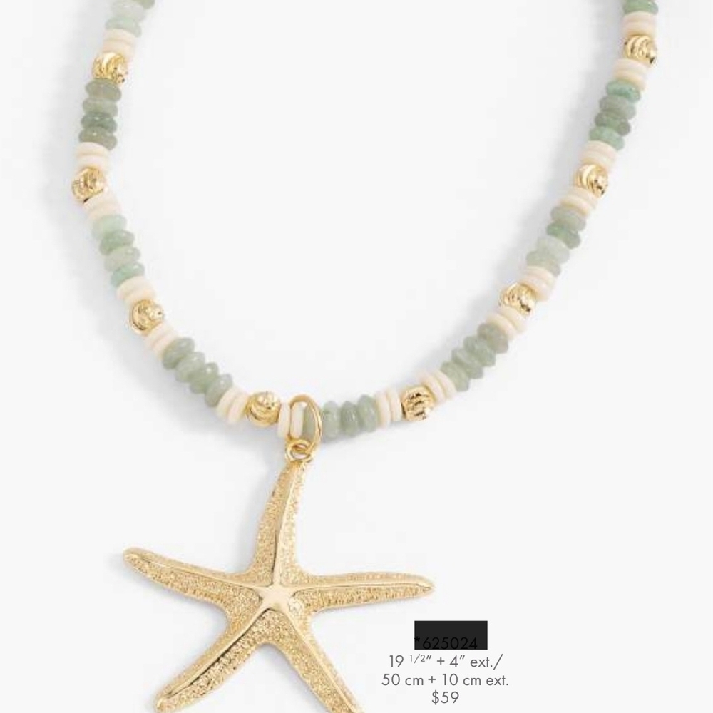 Gold Starfish Pendant Necklace with Green Beads